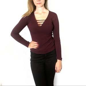 EXPRESS fitted long sleeve V neck mock laces top dark purple size medium
